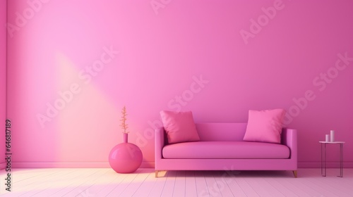 Stylish minimalist monochrome interior of modern cozy living room in pastel pink and purple tones. Trendy couch, coffee table, decorative vase with flowers. Creative home design. Mockup, 3D rendering.