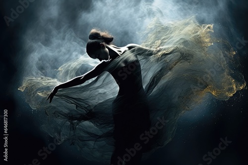 Beautiful ballerina dancing in the studio in magnetic powder and smoke. Generated AI