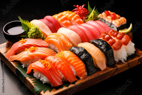 Colorful sushi platter, showcasing an assortment of rolls, nigiri and sashimi, a symbol ofJapanese culinary artistry on a dark background