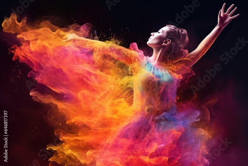 Foto Beautiful ballerina dancing in colorful smoke on black background