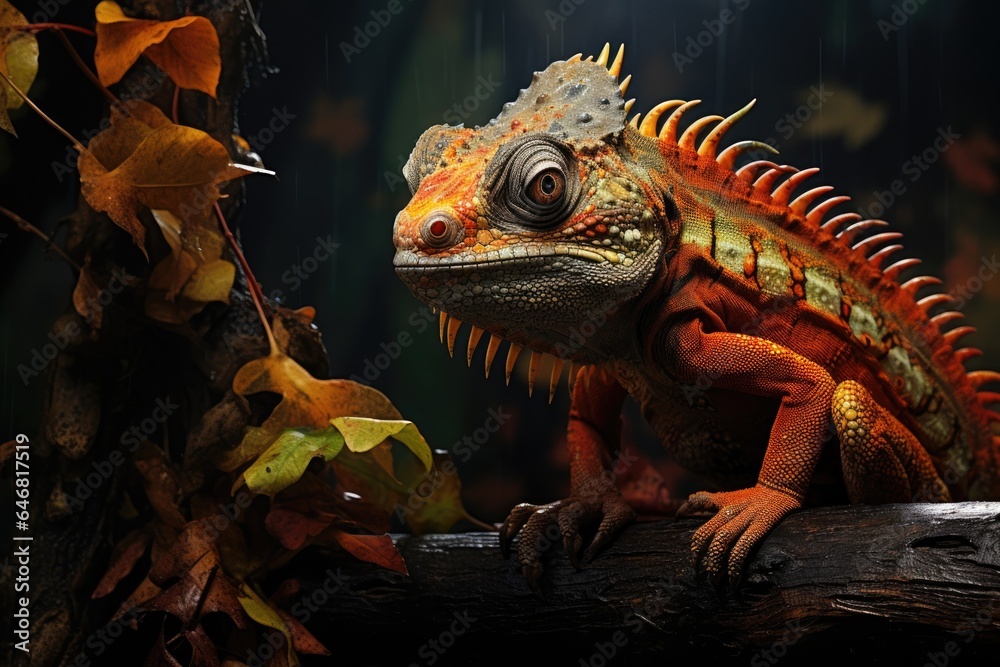Chameleon sitting on a tree. Rainy weather, Yellow leaves Chameleon sitting on a tree. Rainy weather, Yellow leaves
