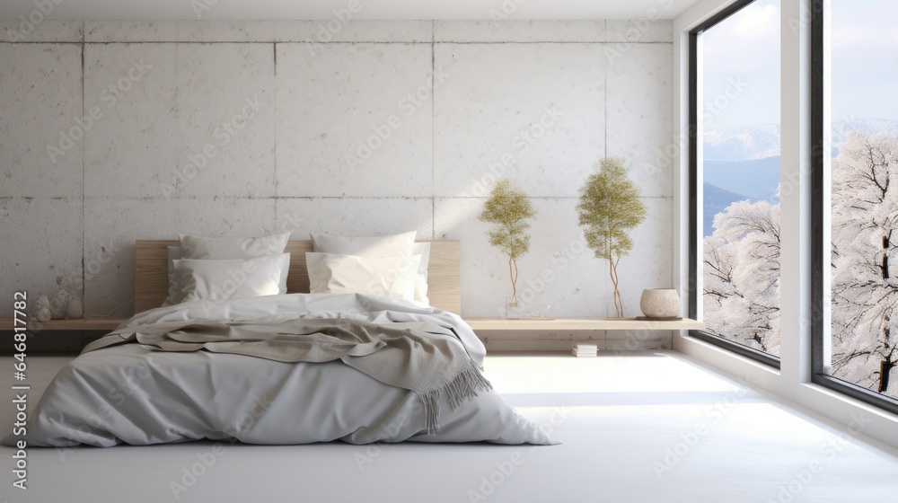 Interior of white minimalist scandi bedroom in luxury cottage or hotel. Large comfortable bed, side tables, houseplants, panoramic window with winter landscape view. Ecodesign. Mockup, 3D rendering.
