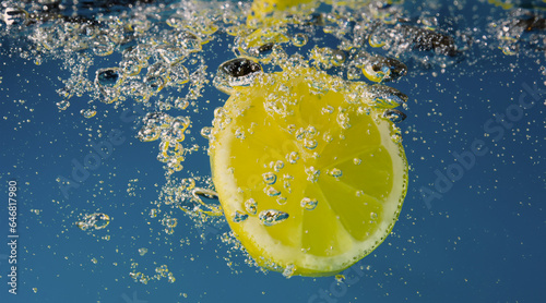 Underwater lemon slice in soda water or lemonade with bubbles. Refreshing soda tonic fizzy cocktail. Close up of lemons and ice cubes in glass. Lime in splashing sparkling water cold drink beverage.