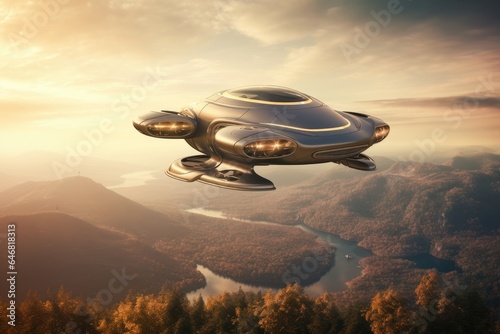 Atmospheric scene featuring a futuristic flying car soaring through the sky. Generative AI