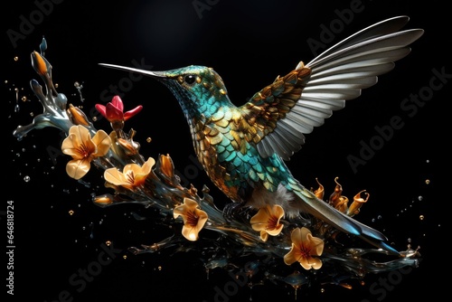 Surreal photo of hummingbird and flowers on black background #646818724