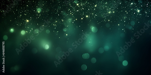 sparkling glitter with bokeh in shades of green in front of a dark green background (3D illustration)