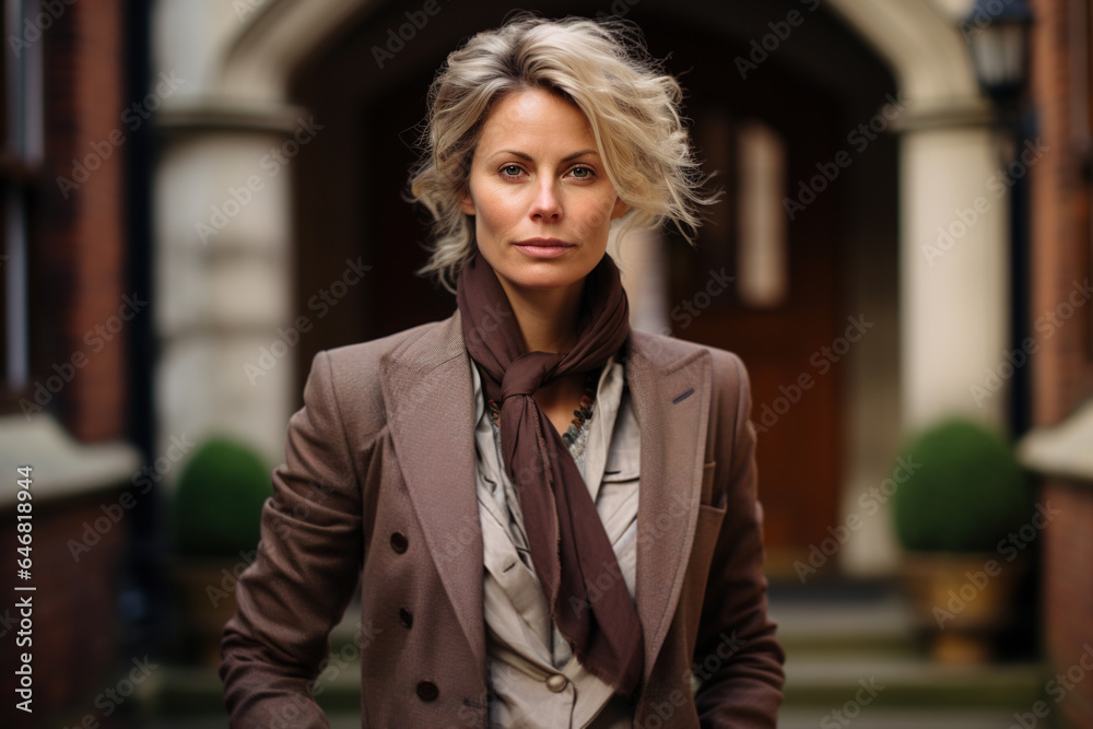 Female university teacher, portrait of stylish middle aged woman in preppy aesthetic English style standing outdoors, looking at camera