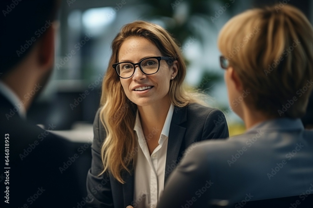 A cheerful businesswoman engaged in a discussion with her colleagues.
A cheerful businesswoman engaged in a discussion with her colleagues.