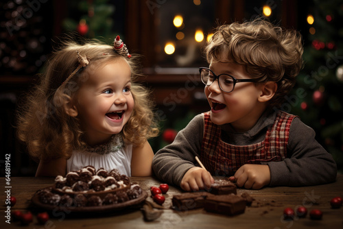 Two cute little kids with Christmas cookies on the table