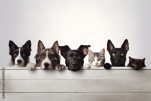 Heads of cats and dogs with paws up background. © Pacharee