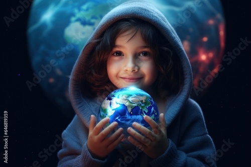 smiling, happy child holding a planet on a dark background