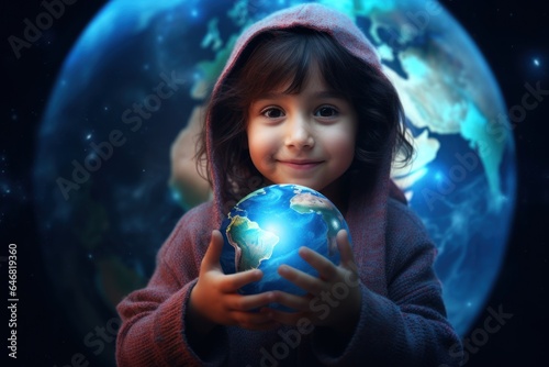 The concept of Universal Children's Day. smiling, contented child holding a planet on a planet background