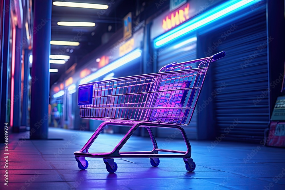 Cyber shopping. Glowing neon cart in digital marketplace. E commerce extravaganza for online shoppers. Electric retail Cyber shopping. Glowing neon cart in digital marketplace. E commerce extravaganza for online shoppers. Electric retail