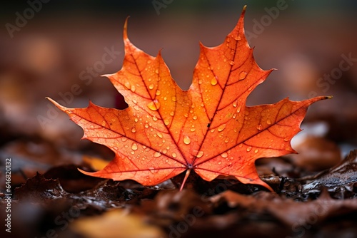 A sharp focused maple leaf in autumn colors lying on the forest floor