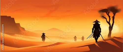samurai walking through the desert  sunset  dust  western