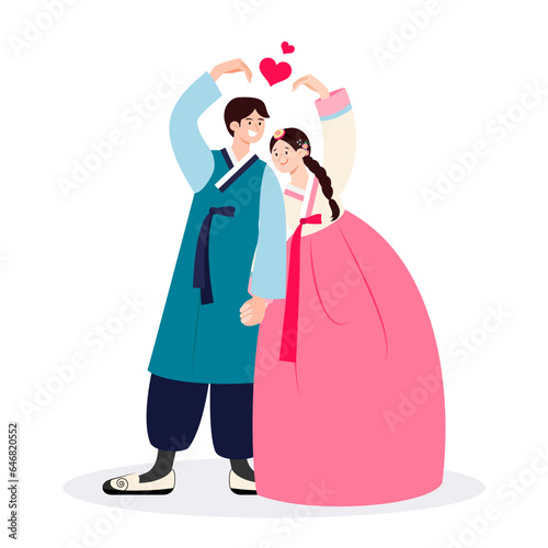 Couple in Hanbok costume making heart hands pose vector illustration