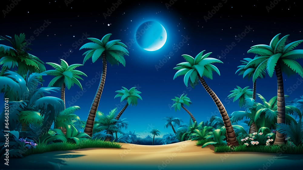 Tropical Night Oasis: Moonlit Palm Paradise