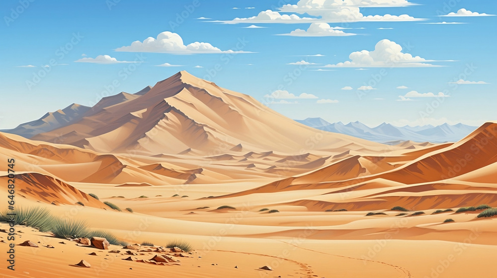 Arid Beauty: Majestic Desert Landscape with Distant Mountains and Dunes