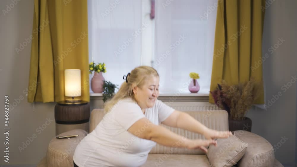 Obesity woman doing squat exercise at home. Obesity woman doing squat exercise at home.