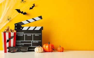 Gather friends for Halloween cinema adventure! Side view shot features a table adorned with pumpkins, insects, 3D glasses, clapperboard and popcorn boxes on yellow wall background, spooky movie promo