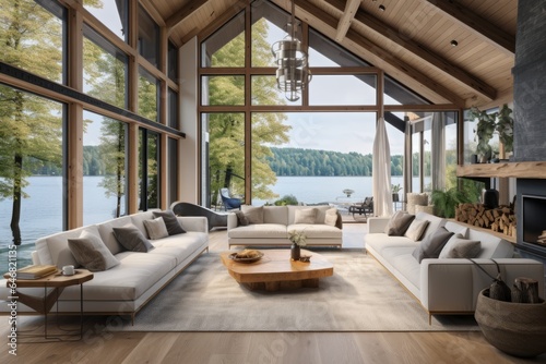 modern natural contemporary interior design concept living room with wooden and natural texture decoration beautiful house with nature view background © VERTEX SPACE