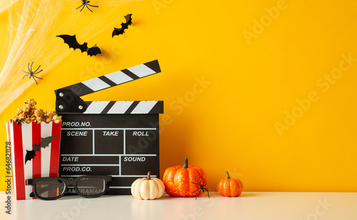 Fotografia Gather friends for Halloween cinema adventure! Side view shot features a table a