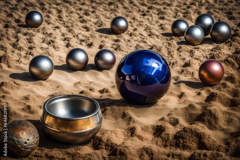 Petanque ball boules bowls with a picture of the impact on a dusty