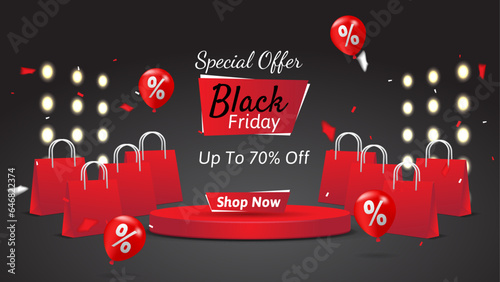 black friday sale banner design with podium, balloons and shopping bag