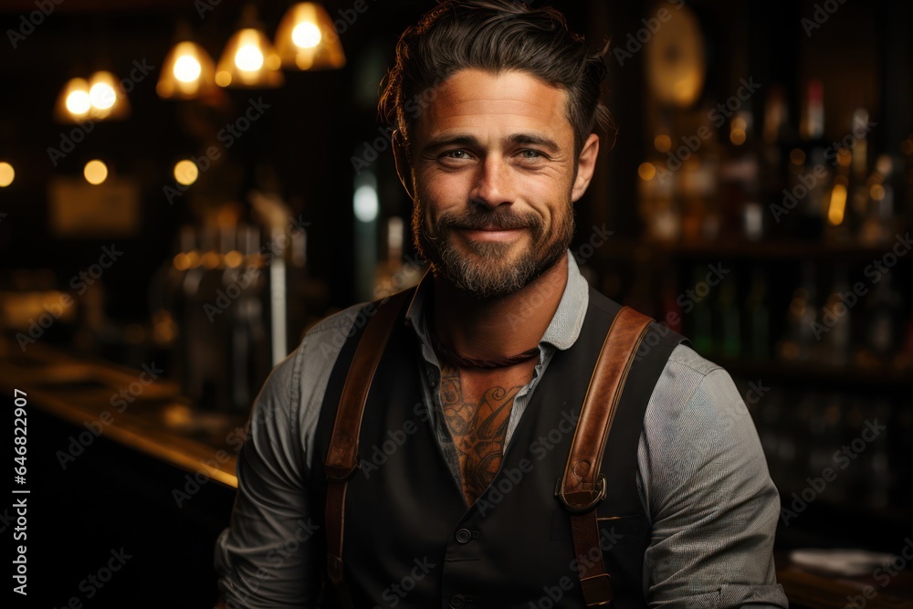 Caucasian Male Bartender Backdrop Good Looking Generative AI Caucasian Male Bartender Backdrop Good Looking Generative AI