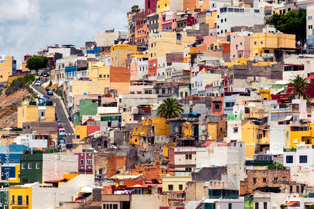 Photo of the colorful houses in the town of San Juan, Las Palmas de Gran Canaria, in the Canary Islands, taken in July.