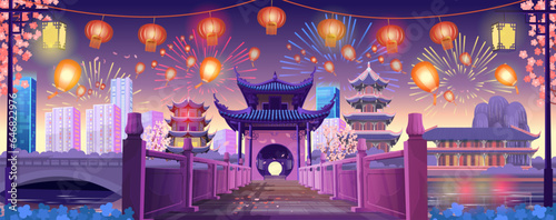 Entrance on the chinese bridge in perspective at night. Big Panorama chinese street with old houses, chinese arch, lanterns and a garland annd chinese dragon, symbol of 2024. zodiac symbol 