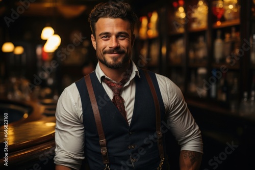 Caucasian Man Bartender Background Smart Looking Generative AI © Johnathan