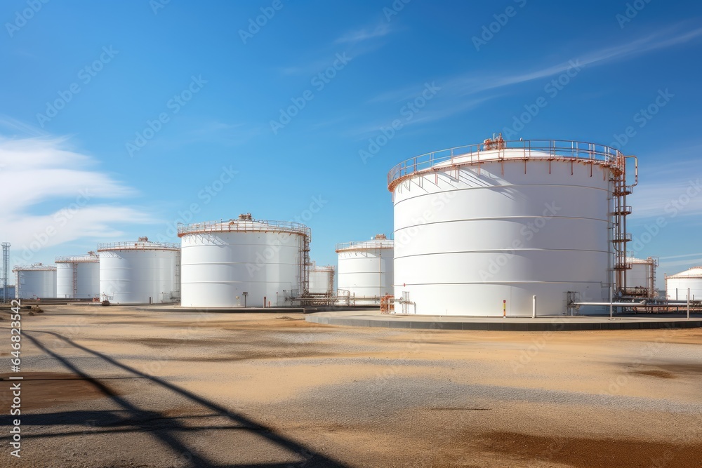 Tank farm with rows of oil storage tanks. Tank farm with rows of oil storage tanks.