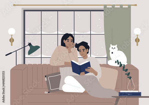 A warm and inviting winter interior envelops a couple in its embrace as they enjoy a book together during the festive Christmas holidays