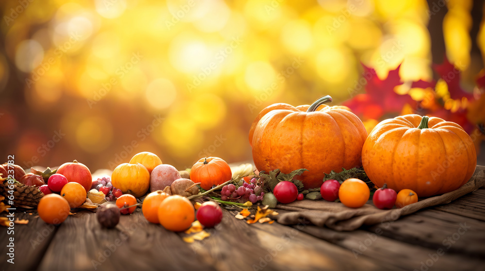 Autumn Thanksgiving background, pumpkins, and leaves on a rustic table, side view, winter supplies, website header copyspace, fall season crops gathered in a basket, nature landscape Generative A.I, Autumn Thanksgiving background, pumpkins, and leaves on a rustic table, side view, winter supplies, website header copyspace, fall season crops gathered in a basket, nature landscape Generative A.I,
