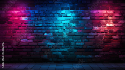 Neon light on brick walls. Background and Texture. Lighting Effect red and blue on brick wall for background