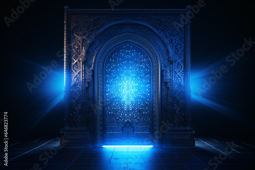 Intricate Azure Islamic Door with Glowing Light on Matte Background