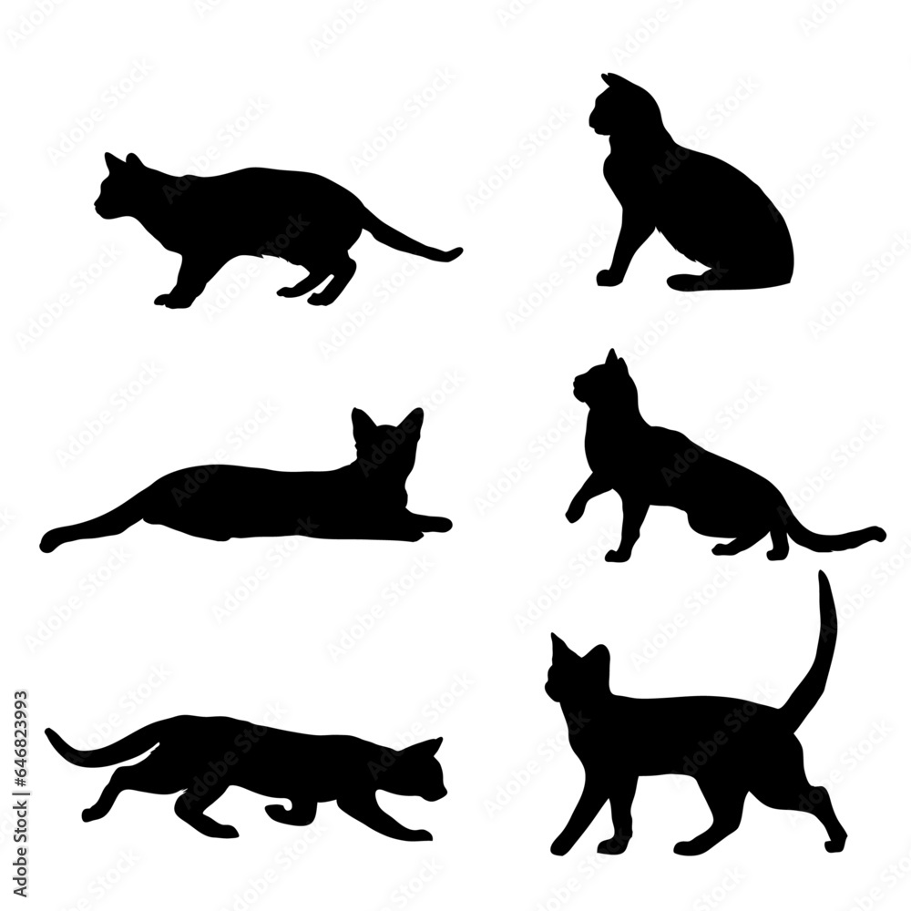 Vector illustration of silhouette of Cats in various poses.
