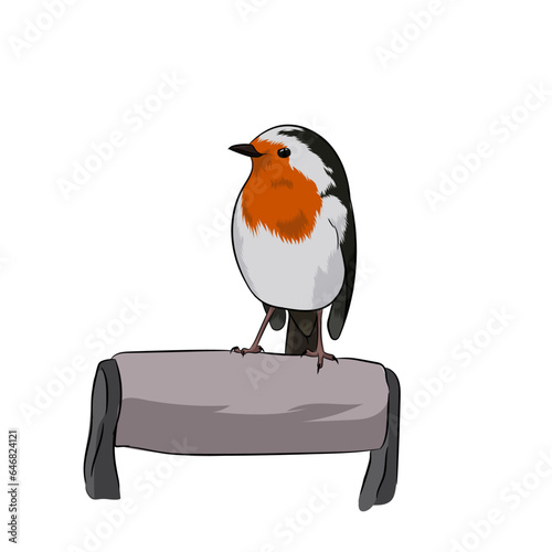 Vector illustration of European Robin bird sitting on a bark.
