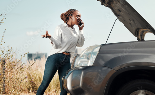 Bonnet, broken car and black woman on a phone call in road with frustration for engine problem emergency. Transport, travel and upset African person on mobile conversation for accident in street.