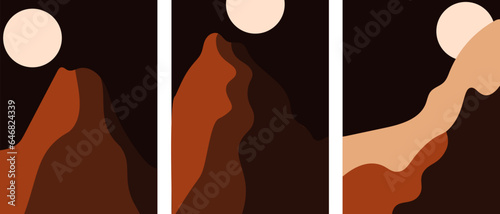 Minimalist abstract desert dune landscape set. Hand drawn triptysh artwork contemporary posters. Nature wall art decor. Vector illustrations 