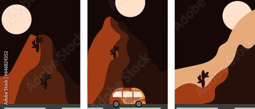 Minimalist abstract desert dune landscape set with Hippie bus. Hand drawn triptysh Artwork contemporary posters. Nature wall art decor. Vector illustrations 