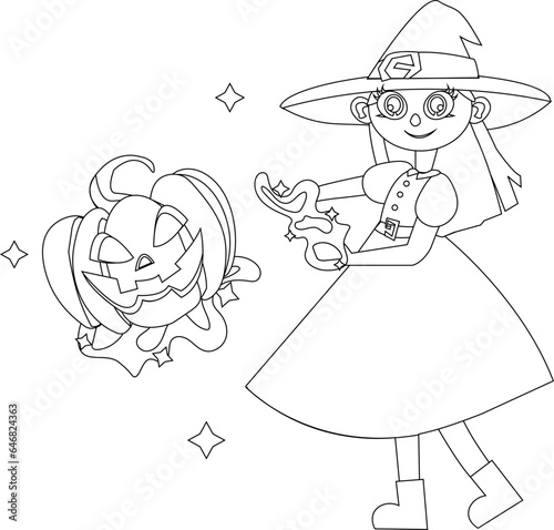  halloween witch with pumpkin the witch conjures a pumpkin, making it fly. cute flat illustration