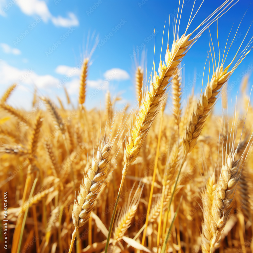 Golden ears of wheat against the blue sky and clouds. Harvest of ripe wheat against the blue sky. Field of wheat, agriculture background Golden ears of wheat against the blue sky and clouds. Harvest of ripe wheat against the blue sky. Field of wheat, agriculture background