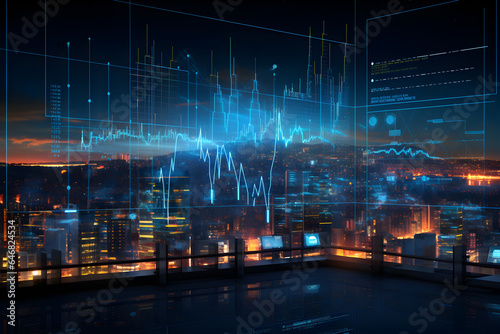 Finance and business illustration with dynamic abstract trading and data charts  city skyscraper background