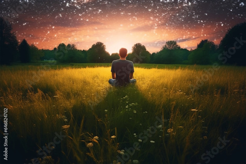 a man sits in a meadow