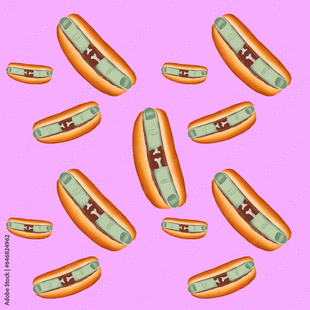 Brains of sheep. Scary dish for Halloween, weird food. Zombie fingers in hot dog Brains of sheep. Scary dish for Halloween, weird food. Zombie fingers in hot dog