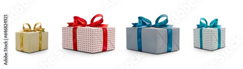 A collection of red, blue and gold gift wrapped Christmas, birthday or valentines presents with ribbon bows isolated against a transparent background.