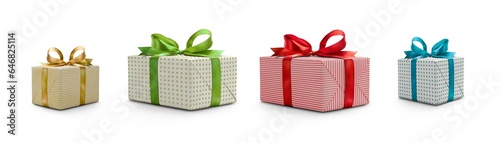 Obraz na płótnie A collection of red, green, blue and gold gift wrapped Christmas, birthday or valentines presents with ribbon bows isolated against a transparent background. w salonie