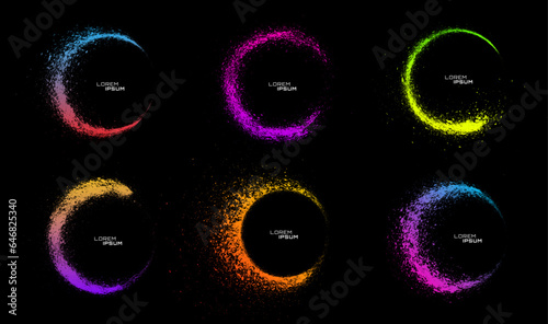 Grunge circle texture effect set. Rough shape decoration. Abstract frame with vibrant colors. Colorful isolated on black background. Graphic design halftone style concept for banner, flyer, etc